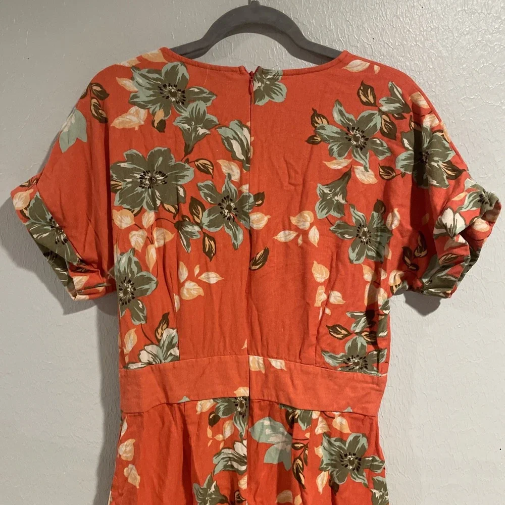 FKSP Coral Floral Midi Dress‎ Linen Blend SUNRISE SUNSET COLLECTION 